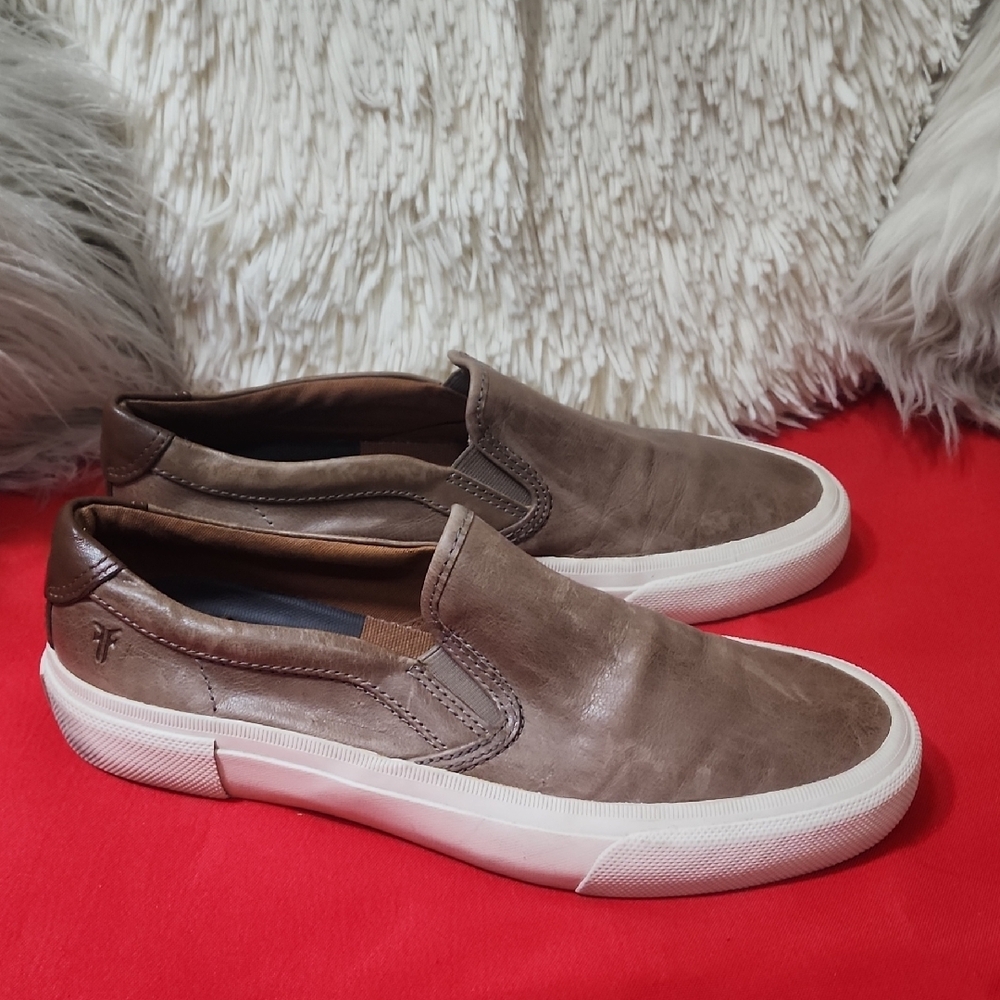 Frye Brown and White Slip-On Loafers with Suede Finish